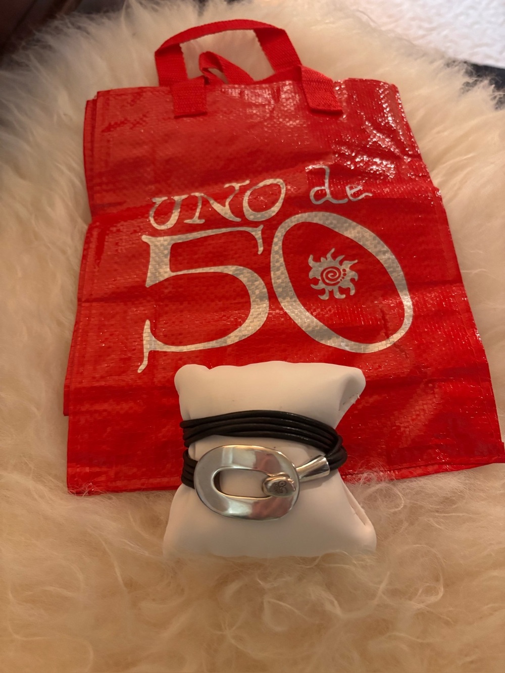 Uno de 50 Black Leather Wrap Bracelet with Silver Oval Clasp